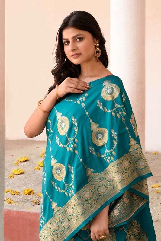 Joban Fashion Teal Green Banarasi Soft Pure Handloom Banarasi Silk Saree | Swadesiicart