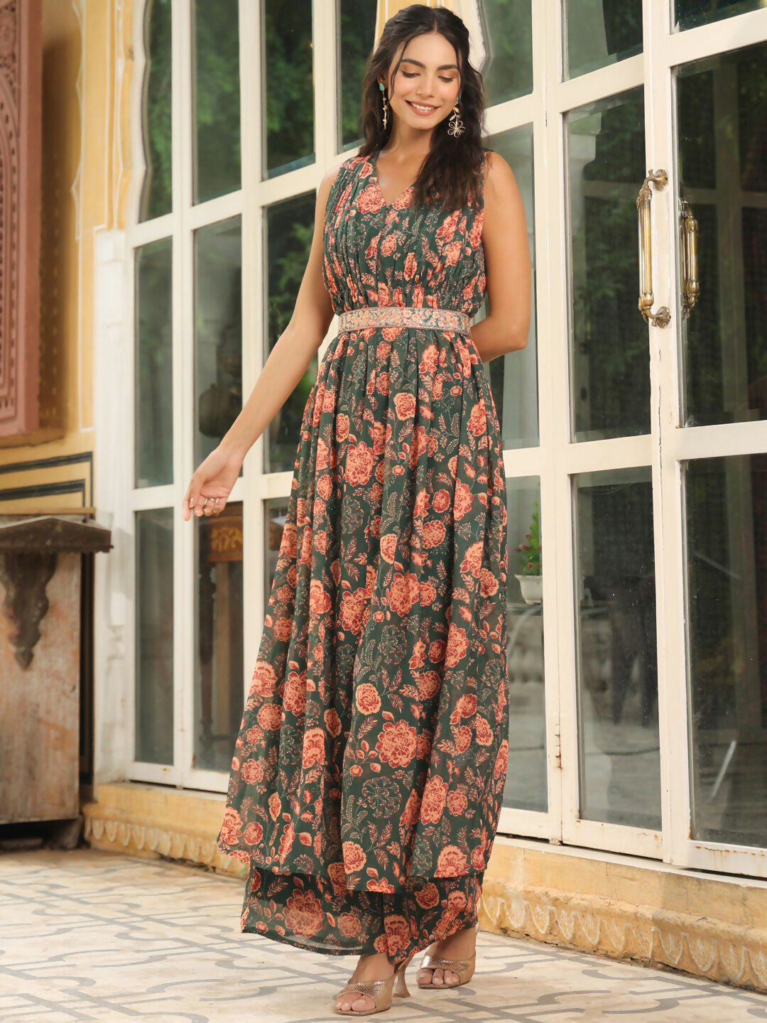 Janasya Green Georgette Floral Kurta & Bottom | Swadesiicart