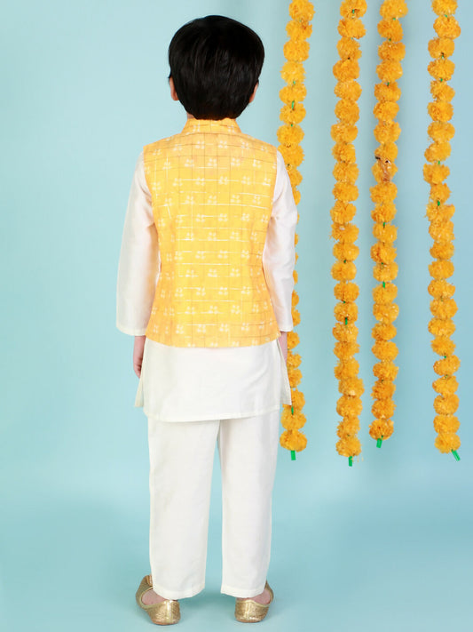 Lil Drama Boys Kurta Pyjama with jacket set - White | Swadesiicart