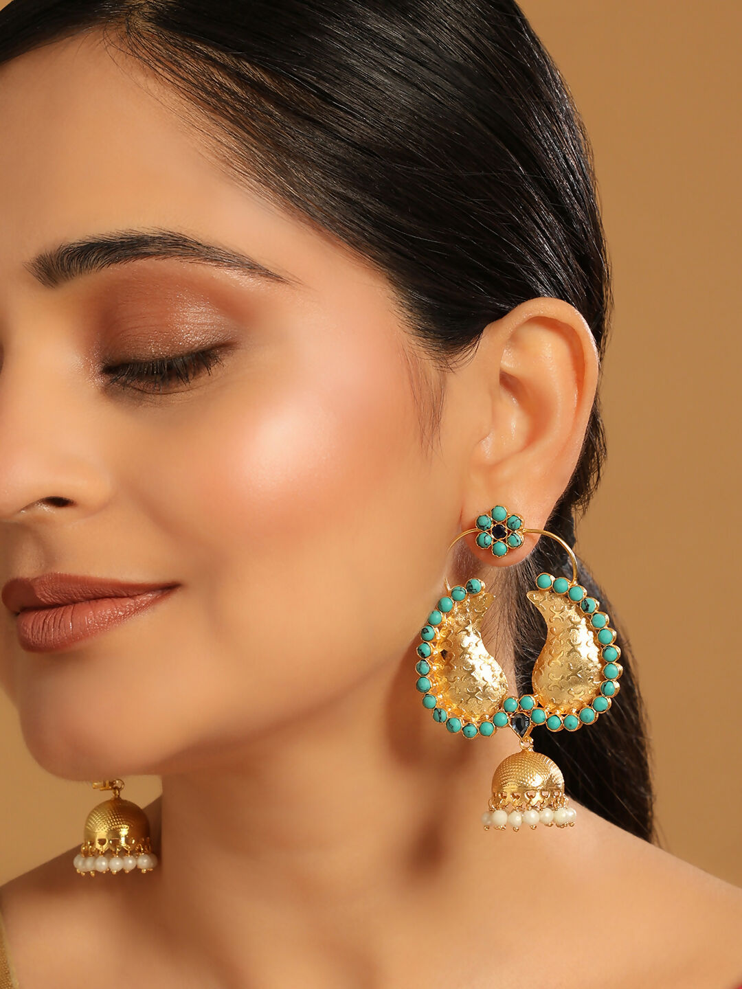 Nuyug 22K Gold Plated Turquoise Stone Studded Contemporary Mini Jhumki Dangler Earrings | Swadesiicart