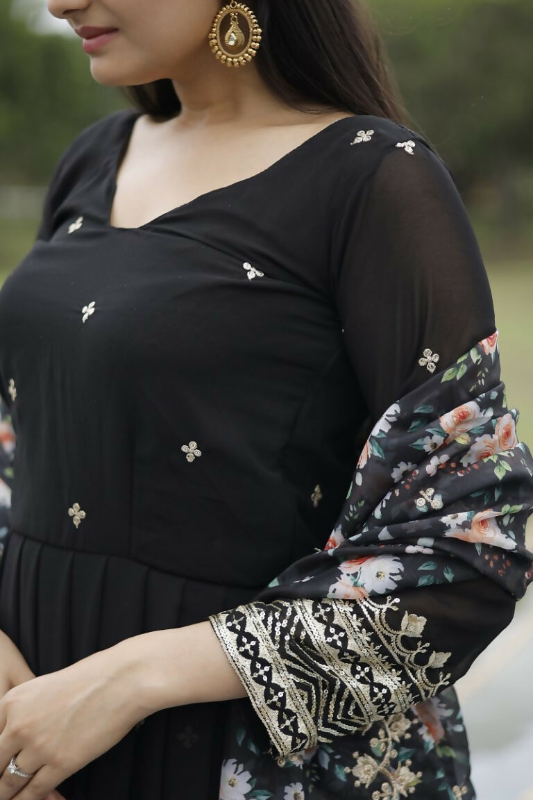 Jyoti Fashion Women's Black Faux Blooming Sequins with Zari Embroidery Anarkali Dress with Dupatta | Swadesiicart