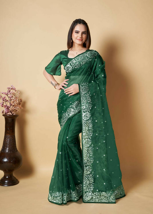 Vamsee Green Organza Saree - Swadesiicart