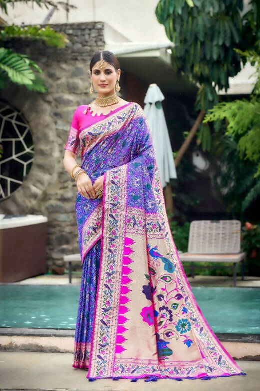 Vishnu Weaves Women's Purple Paithani Patola Silk Zari Woven Saree with Unstitched Blouse - Swadesiicart