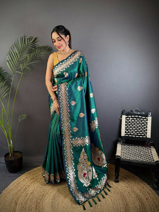 Joban Fashion Banarasi Dusty Teal Woven Soft Silk Saree | Swadesiicart
