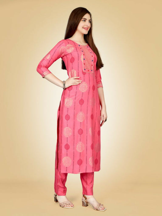 Jyoti Fashion Women's Pink Viscose Rayon Embroidered Kurta Pant Set