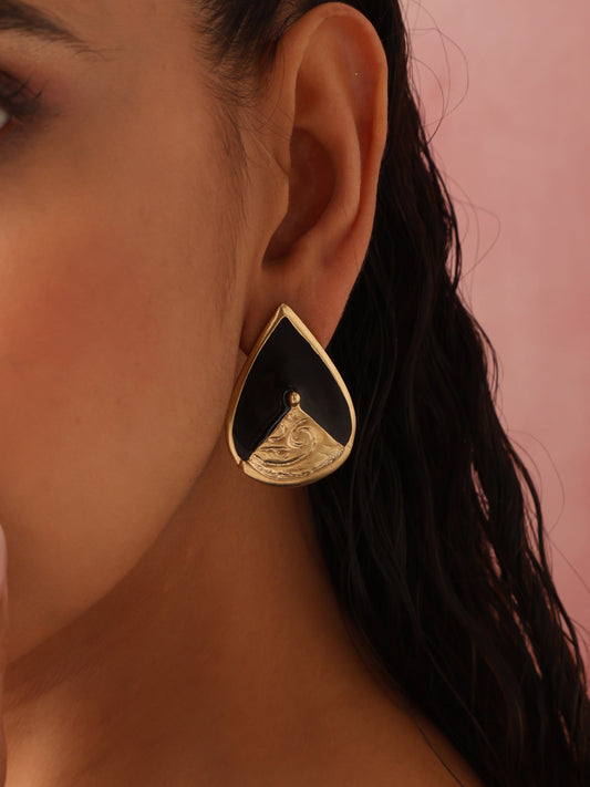 trueBrowns Brass Black Stone Drop Stud Earrings - Swadesiicart