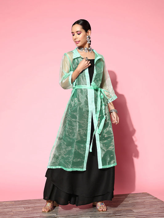 InWeave Women's Black Strappy Kurta Set With Teal Organza Cape - Swadesiicart