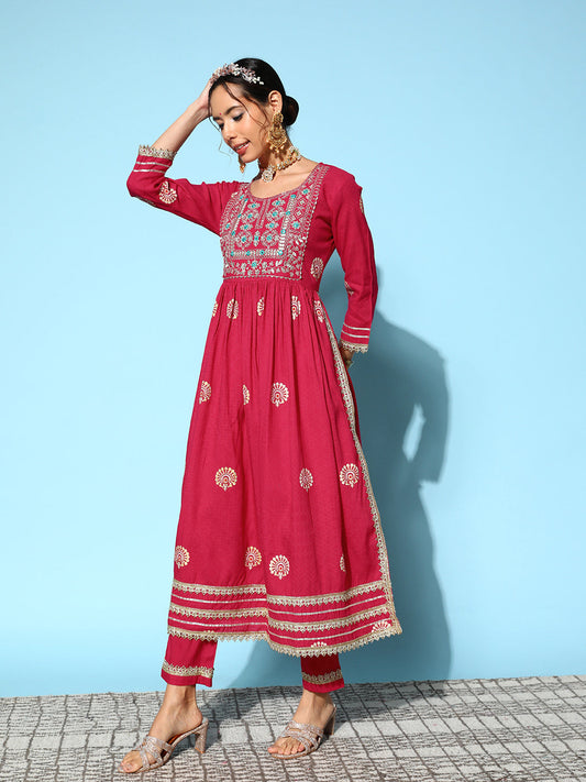 InWeave Women's Pink Nyra Cut Embroidered Kurta Set With Dupatta - Swadesiicart