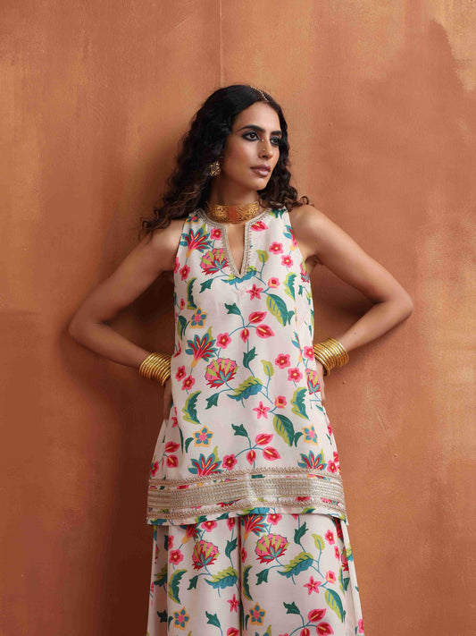 trueBrowns Off White Print Sharara Set | Swadesiicart
