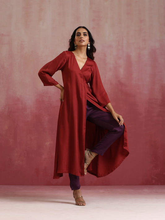 trueBrowns Maroon Modal Angrakha Kurta Set | Swadesiicart