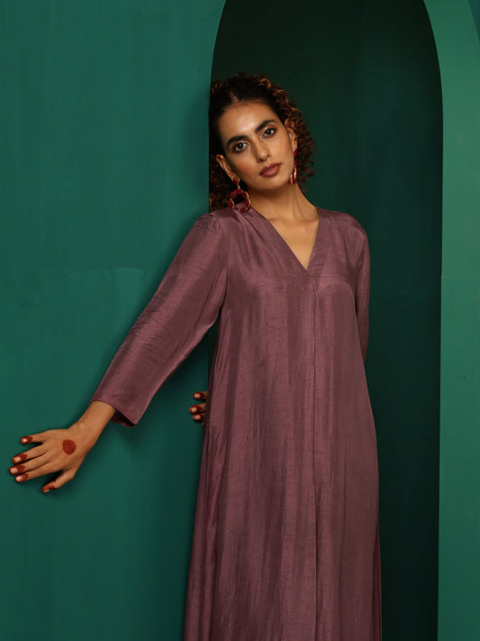 trueBrowns Light Mauve Silk Front Pleat Kurta Pant Set | Swadesiicart