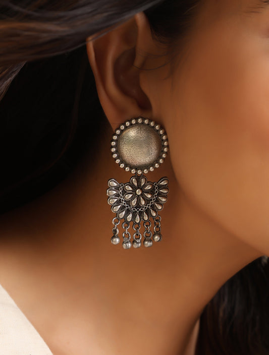 trueBrowns Silver Crescent Floral Earrings | Swadesiicart