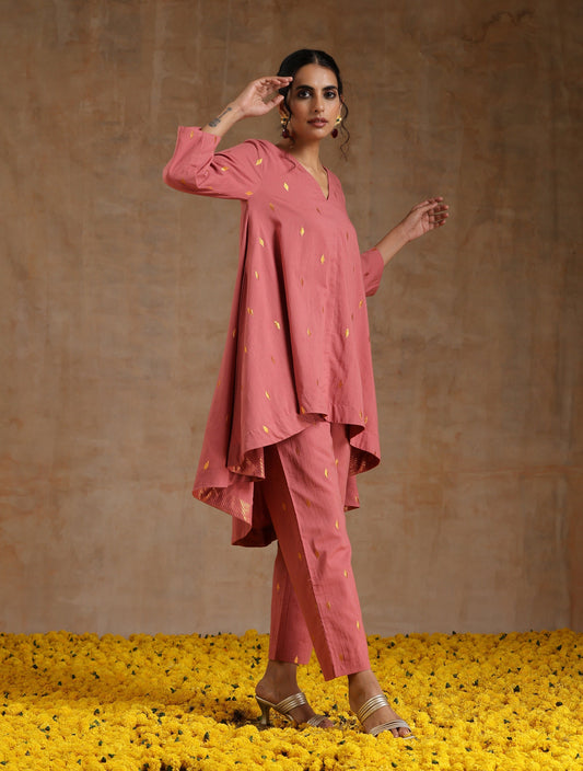 trueBrowns Blush Gold Cotton High-Low Co-Ord Set - Swadesiicart