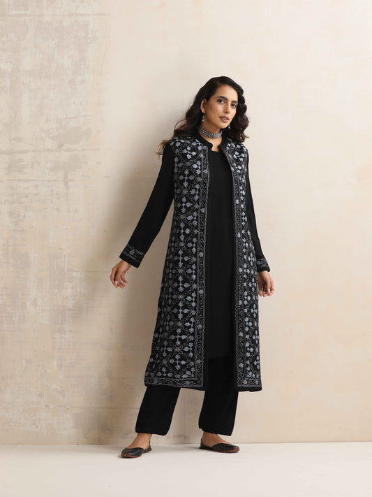 trueBrowns Black Kashmiri Woollen Jacket 3pc Set | Swadesiicart