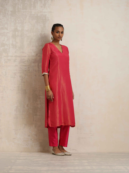 trueBrowns Hot Pink Tissue Straight Kurta Set | Swadesiicart