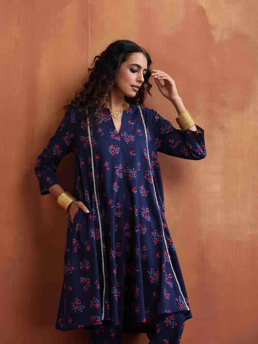 trueBrowns Blue Floral Print Flared Anarkali Kurta Co-ord Set - Swadesiicart