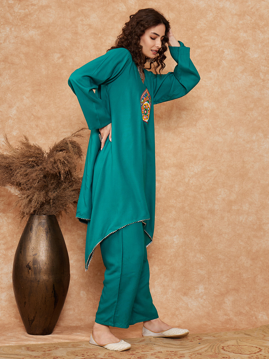 InWeave Women's Teal Trangle Yellow Patch Work Assymentrical Kurta Set - Swadesiicart