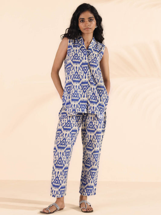 trueBrowns Blue Cotton Ikat Sleeveless Co-ord Set - Swadesiicart
