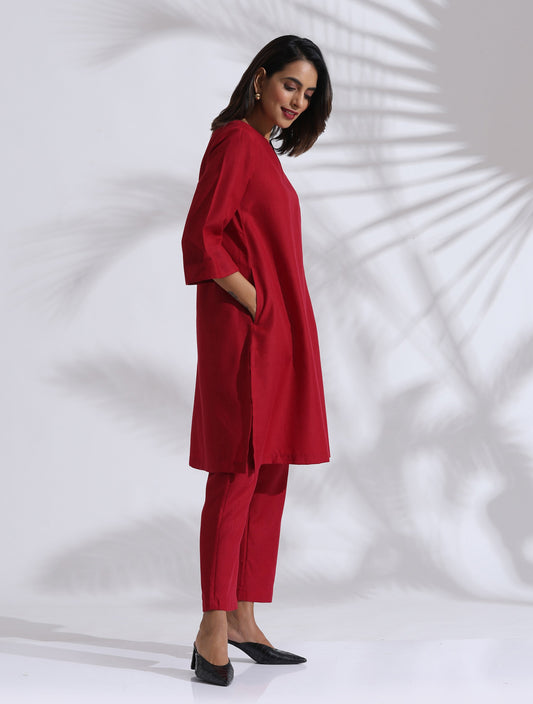 trueBrowns Maroon Slub Kurta Co-ord Set - Swadesiicart