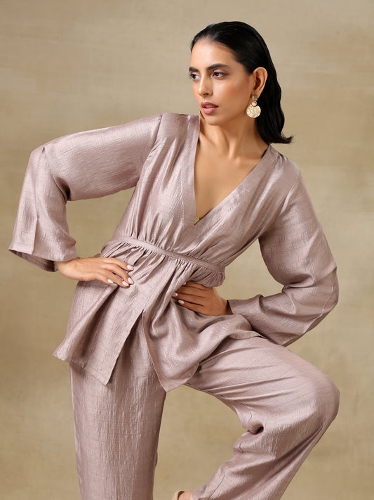 trueBrowns Grey Textured Silk Deep V-Neck Co-Ord Set - Swadesiicart