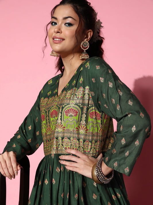 InWeave Women's Bottle Green Gold Border Anarkali Kurta - Swadesiicart