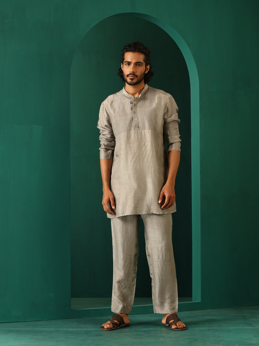 trueBrowns Men's Grey Silk Co-ord Set Yoke Detail - Swadesiicart