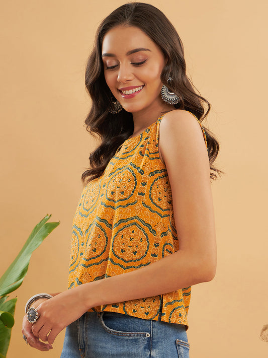 InWeave Haldi Yellow Mughal Kalamkari W/U Top - Swadesiicart