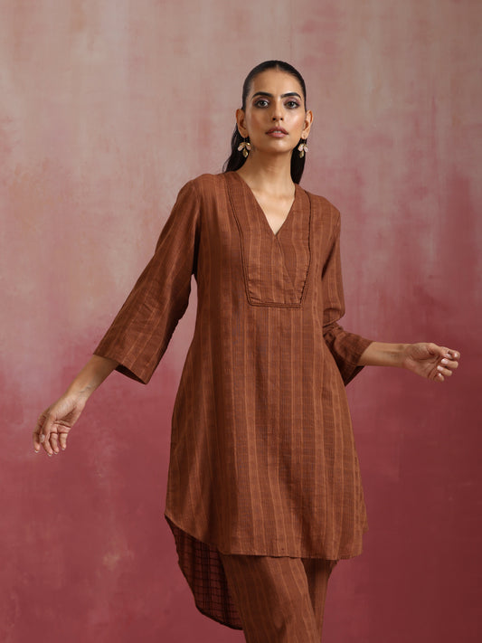 trueBrowns Brown Cotton Dobby Kurta Co-ord set - Swadesiicart