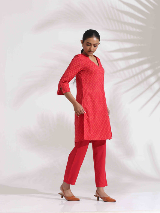 trueBrowns Red Cotton Print Kurta Co-ord Set - Swadesiicart