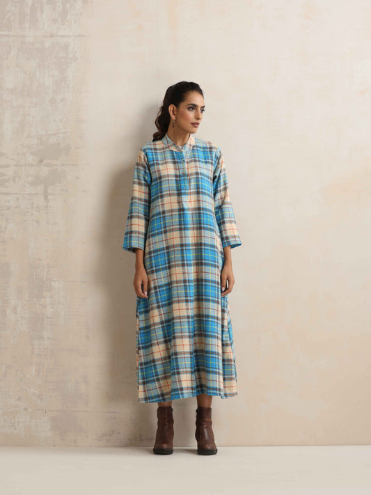 trueBrowns Beige Check Flared Winter Dress | Swadesiicart