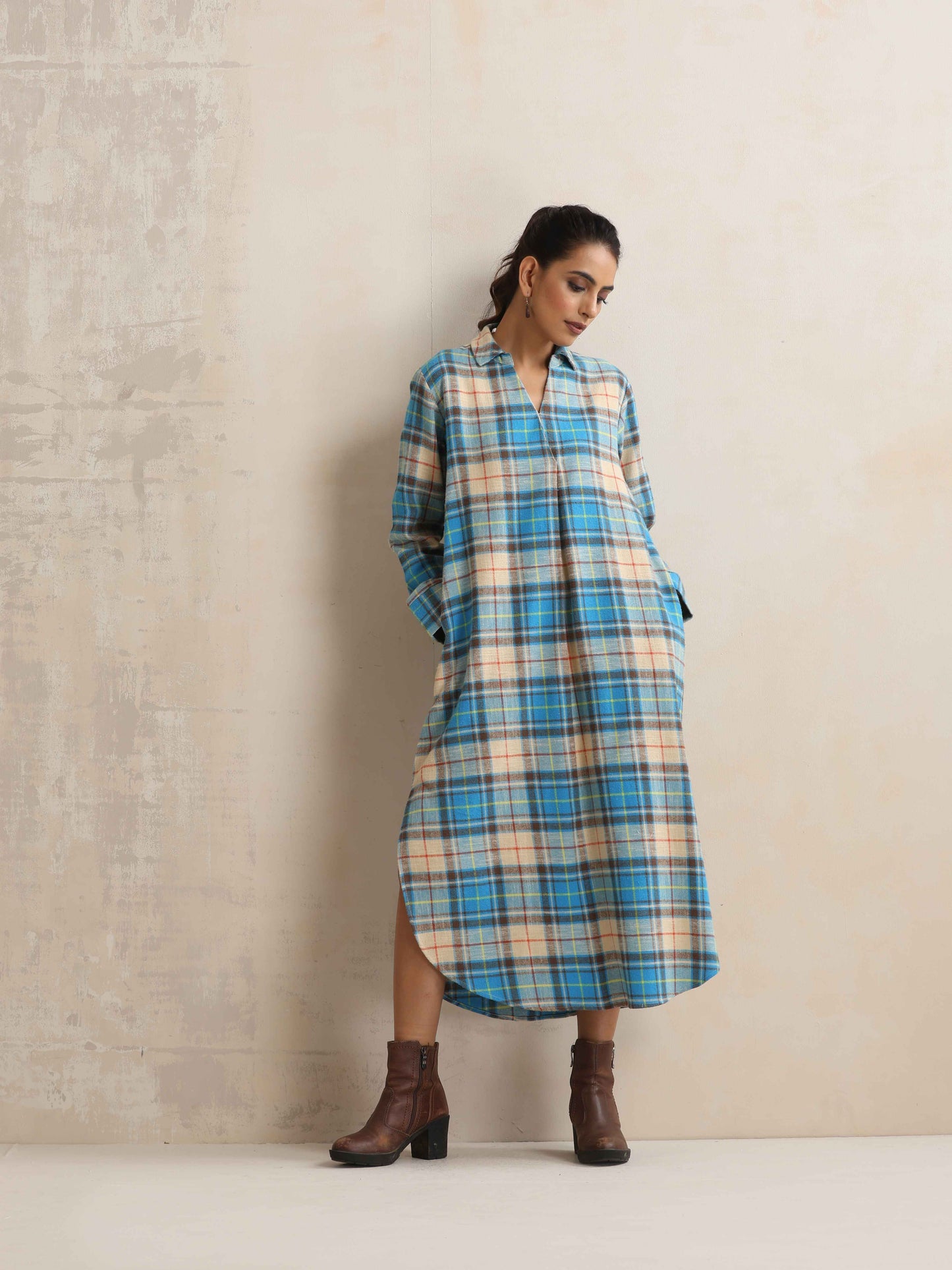 trueBrowns Beige Check Pleated Winter Dress | Swadesiicart