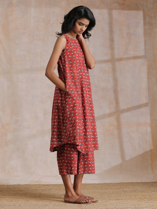 trueBrowns Rust Red Bagru Camel Print Cotton High-Low Co-Ord Set - Swadesiicart