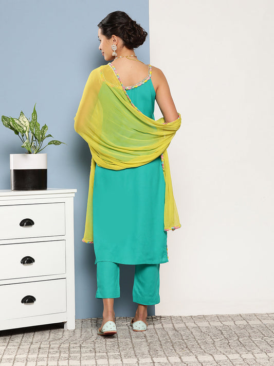InWeave Women's Teal Lace Work Straight Strappy Kurta Set With Lime Green Chiffon Dupatta - Swadesiicart