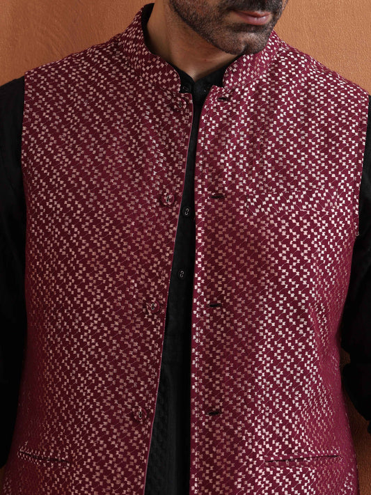trueBrowns Men's Dark Purple Cotton Dobby Nehru Jacket | Swadesiicart