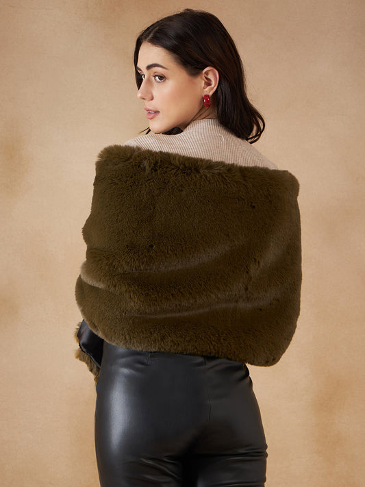 InWeave Women's Mehandi Green Long Faux Fur Cape - Swadesiicart
