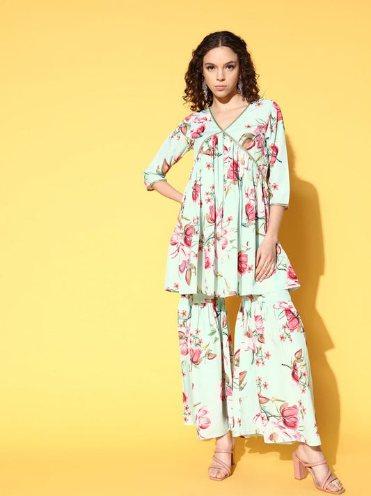 Ahalyaa Women Floral Printed Pleated Kurti with Sharara | Swadesiicart