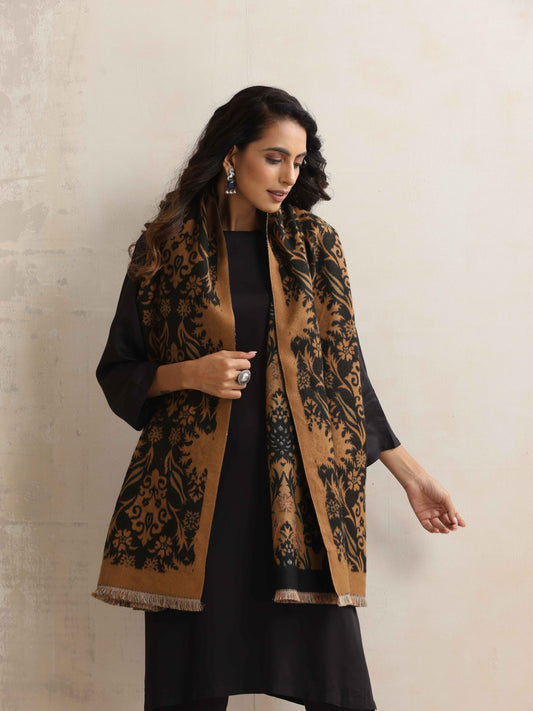 trueBrowns Brown Floral Reversible Woollen Stole | Swadesiicart