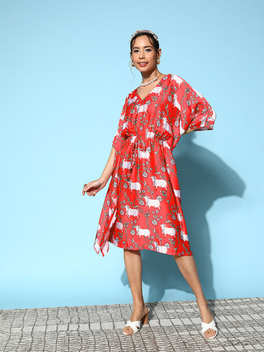 InWeave Women's Bright Pink Indian Bull Print Kaftan - Swadesiicart