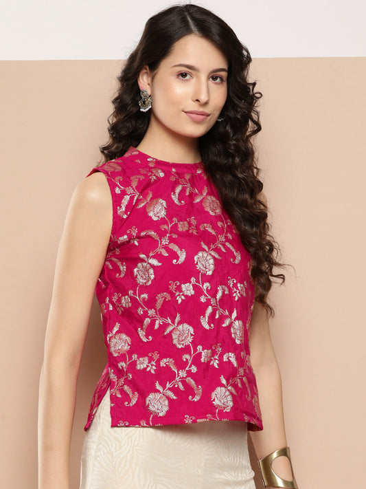 InWeave Women's Fuchsia Brocade Halter Top - Swadesiicart