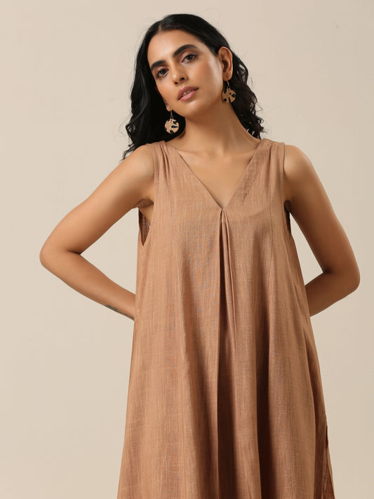 trueBrowns Beige Slub Texture Sleeveless Flared Kurta Pant Set | Swadesiicart