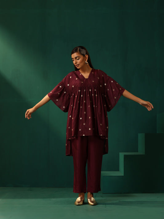 trueBrowns Wine Diamond Viscose Silk Waist Sleeve Gathered Co-ord Set - Swadesiicart