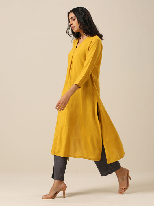 trueBrowns Mustard Yellow Slub Texture Neck Pleat Kurta Pant Set | Swadesiicart