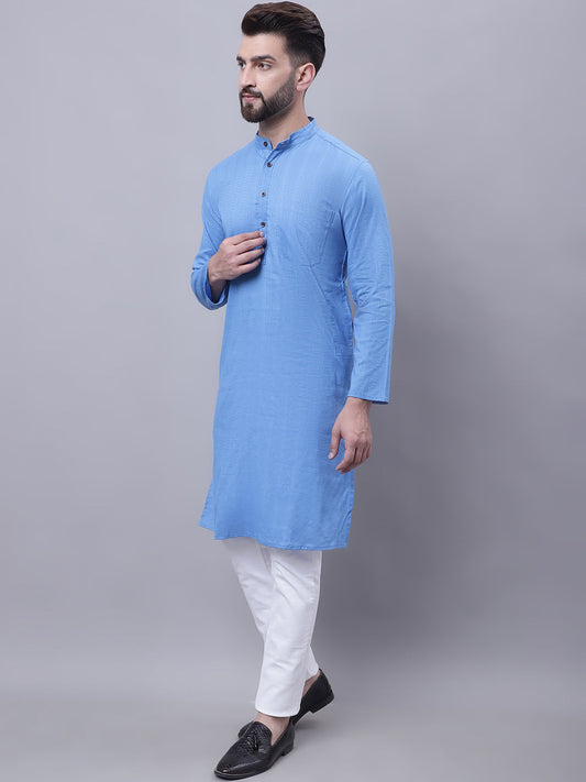 Even Apparels Blue Pure Cotton Kurta With Band Collar | Swadesiicart