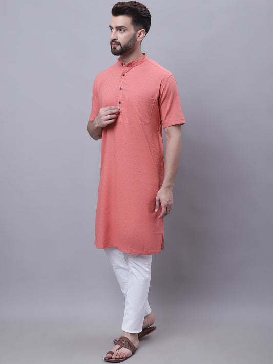 Even Apparels Peach Pure Cotton Short Sleeves Kurta With Band Collar | Swadesiicart