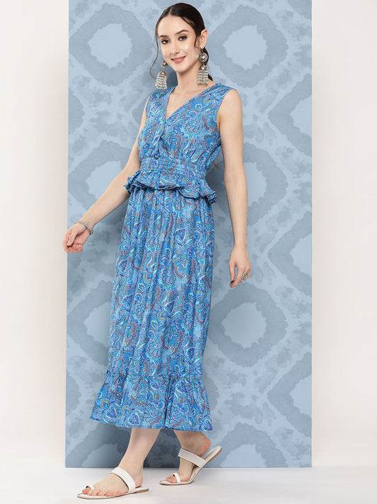 InWeave Women's Sapphire Blue Floral Paisley Print Long Frill Dress - Swadesiicart