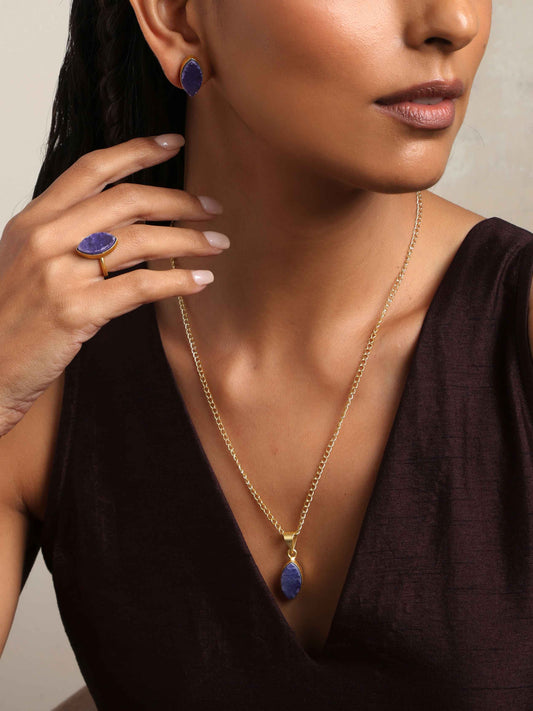 trueBrowns Gold Tone Blue Stone Pendant Set