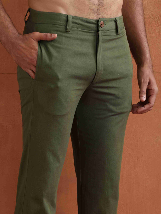 trueBrowns Men's Olive Green Cotton Twill Pants | Swadesiicart