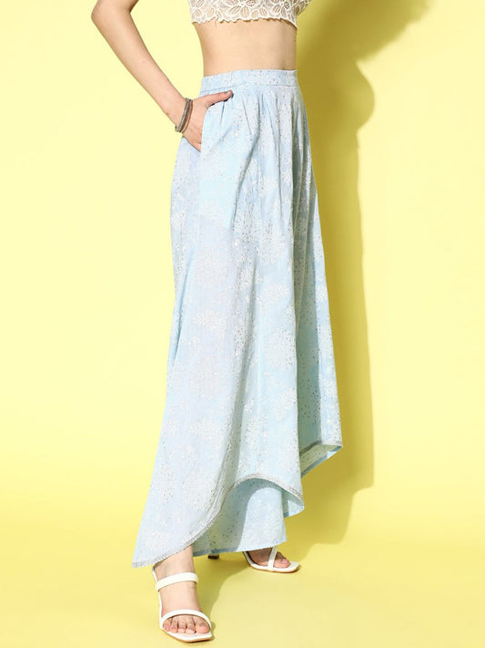 Ahalyaa Women Off White & Blue Floral Printed Flared Ethnic Palazzos | Swadesiicart