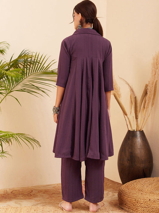 InWeave Women's Graphite Grey Collared Neck Flared Kurta Pant Set - Swadesiicart