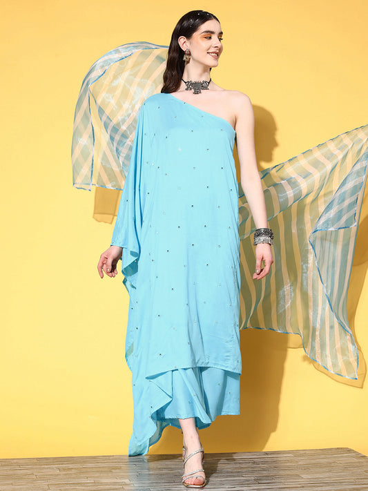 InWeave Women's Sky Blue Mirror Work One Shoulder Kurta Set With Dupatta - Swadesiicart